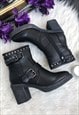 BLACK STUDDED FAUX LEATHER HEELED ANKLE BOOTS