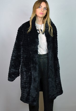 VINTAGE 90S OVERSIZED LONG BLACK FAUX FUR COAT