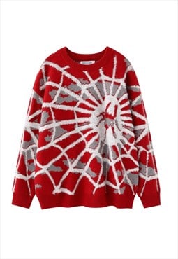 Spider web sweater Gothic jumper knitted grunge top in red