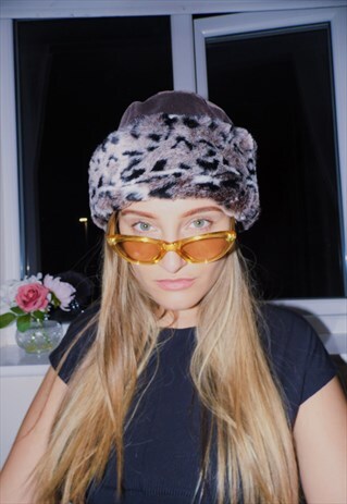 FAUX FUR HAT WINTER BUCKET HAT TOP HAT ANIMAL PRINT LEOPARD