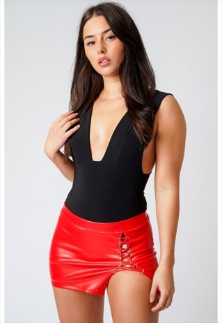 RED PVC MICRO MINI HIGH WAIST SLIT CUT OUT TIE-UP SKIRT