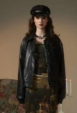 Faux leather biker jacket retro PU bomber punk coat in black