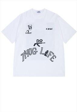 Gangster print t-shirt Y2K cross thug Tupac life tee white