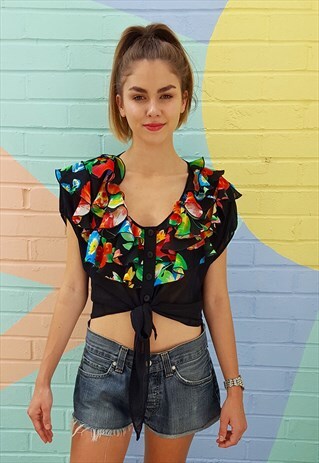 BLACK SHEER TIE-FRONT BLOUSE SHIRT TOP WITH FLORAL RUFFLES