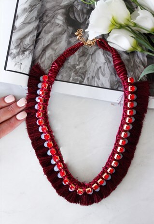 BURGUNDY FRINGE RED RHINESTONE CHUNKY STATEMENT NECKLACE