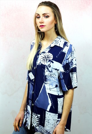 1990S VINTAGE BLUE AND WHITE COMPASS PRINT VISCOSE BLOUSE