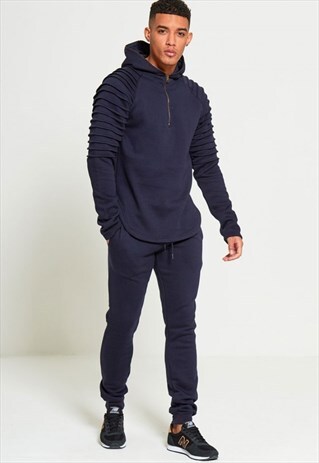 MENS NAVY RIBBED DETAIL HOODED TRACKSUIT