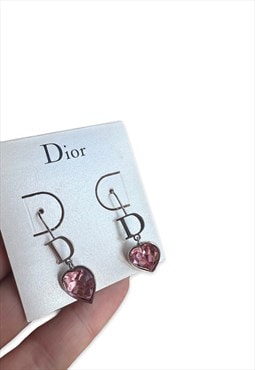 Dior earrings pink diamante heart silver tone vintage Y2k