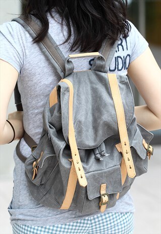 GRAY CAMPUS BACKPACK WITH LEATHER TRIM - SMALL SIZE