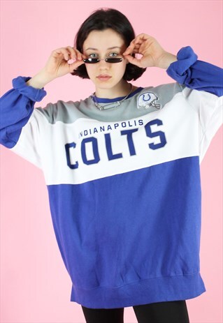 VINTAGE 90S SWEATSHIRT JUMPER IN BLUE & WHITE W COLTS PRINT