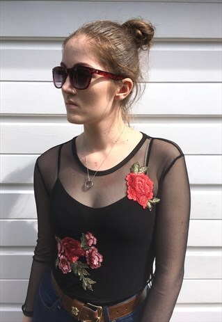 WOMENS SHEER MESH TOP FLORAL EMBROIDERED FESTIVAL CROP TOP