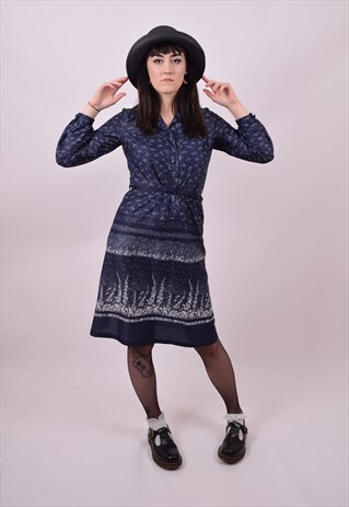 VINTAGE 70'S BLUE FLOWER PRINT DRESS SIZE 10 12