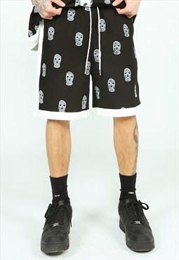 Balaclava shorts mask print rapper pants in black
