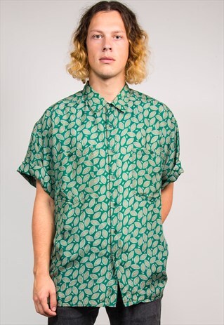 VTG 90'S GREEN WAVEY ABSTRACT PATTERN SILK SHIRT