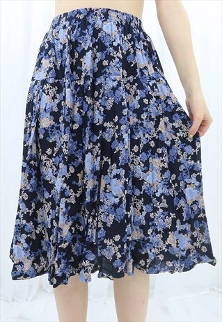 90s Vintage Navy Floral Midi Skirt