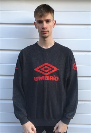 MENS VINTAGE 80S UMBRO SWEATSHIRT GREY RED SPORTSWEAR TOP