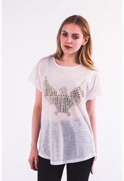 White T-Shirt with Gold Geometric Eagle Design