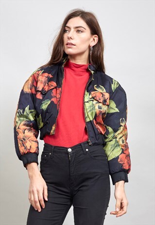 VINTAGE BLACK CROPPED FLORAL 90'S BOMBER JACKET