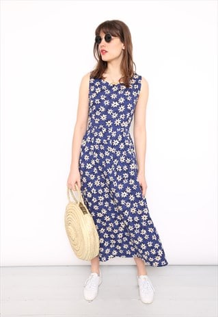 VINTAGE 90S BLUE FLORAL PRINT MIDI DRESS