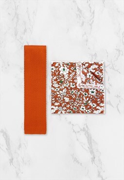 Orange Cotton Floral Wedding Tie & Pocket Square Set