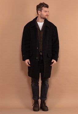 Vintage 00's Men Wool Blend Zip Up Coat in Dark Grey