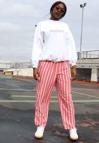 90S CANDY PINK STRIPED LOOSE TROUSERS, HIGH WAISTED