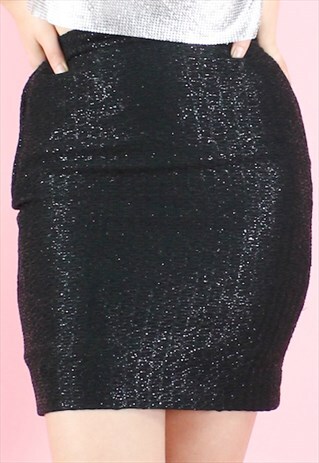 VINTAGE 90S SKIRT GLITTER Y2K BLACK PENCIL PARTY