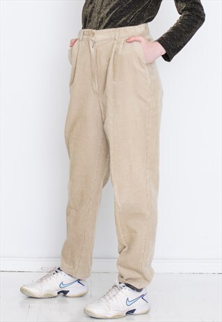 VINTAGE CREAM CORDUROY HIGH WAIST RETRO TROUSERS