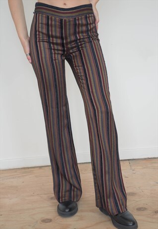 VINTAGE 00S Y2K FLARED TROUSERS IN BLACK BURGUNDY STRIPED
