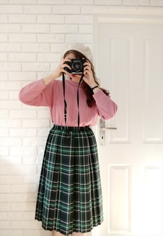'VIRGINIA'VINTAGE SCHOOLGIRL GREEN PLEATED MIDI PLAID SKIRT