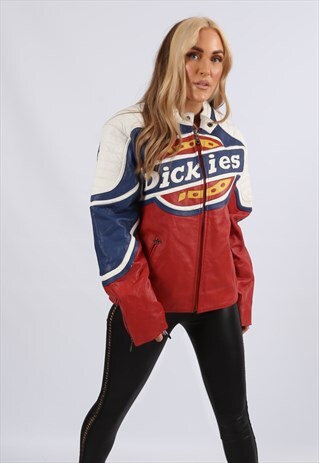 VINTAGE DICKIES LEATHER RACING BIKER FITTED JACKET (C3M)