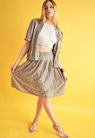 80'S RETRO MOD BOHO FLORAL PRINT CO-ORD TWO PIECE