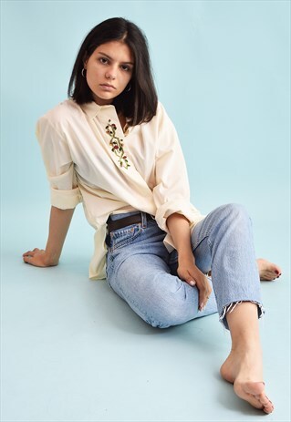 90'S FOLK FESTIVAL EMBROIDERY OVERSIZED NEUTRAL SHIRT TOP
