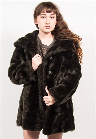 VINTAGE 80'S CHOCOLATE BROWN THICK FAUX FUR COAT