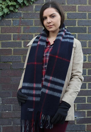 VINTAGE CASHMERE CHECKED SCARF NAVY-AS117