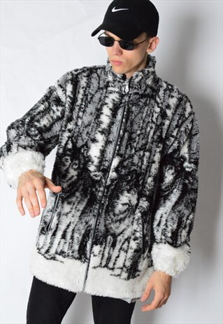 VINTAGE 90S BLACK AND WHITE WOLF THICK FLEECE JACKET