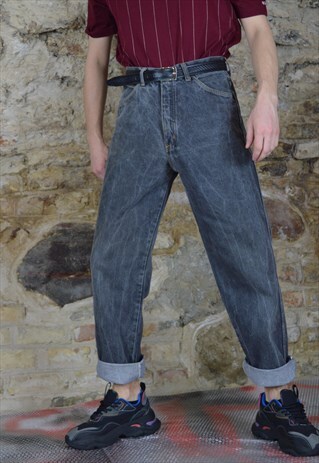 VINTAGE GREY DENIM STRAIGHT JEANS TROUSERS