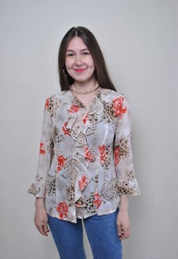 Leopard ruffled blouse, floral pattern ruffle shirt, vintage