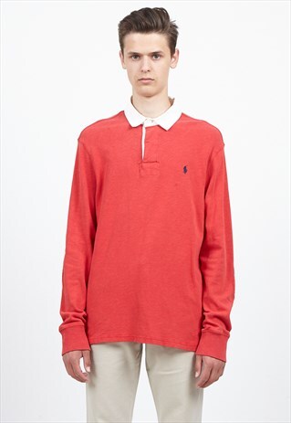 VINTAGE RED POLO RALPH LAUREN LONG SLEEVE POLO SHIRT TOP