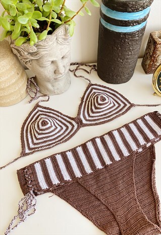 VINATGE 70S BOHO TWO PIECE CRROCHET KNITTED SWIMSUIT BIKINI