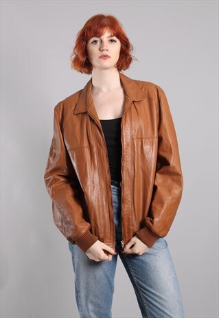 VINTAGE 80S TAN SOFT LEATHER BOMBER JACKET