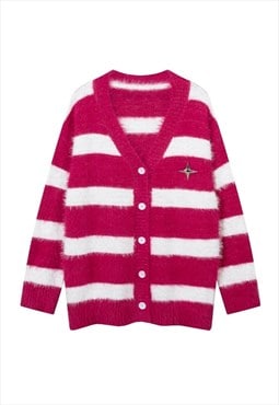 Fluffy striped cardigan fuzzy zebra jumper knitted top pink