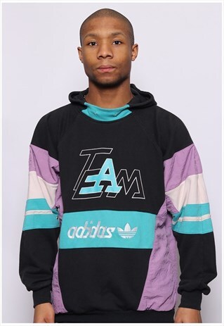 VINTAGE ADIDAS BIG EMBROIDERED LOGO HOODIE BLACK