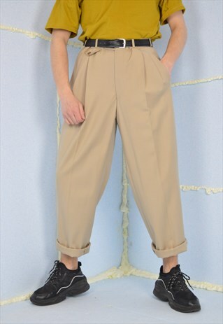 VINTAGE BEIGE CLASSIC STRAIGHT SUIT TROUSERS