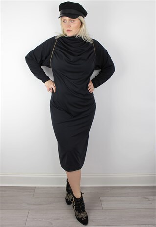 VINTAGE 1970'S BLACK RUCHED PARTY MIDI DRESS 12 14