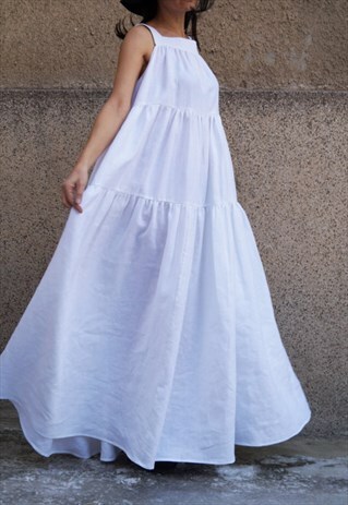 WHITE LINEN DRESS CASUAL KAFTAN MAXI DRESS XXL DRESS F1672
