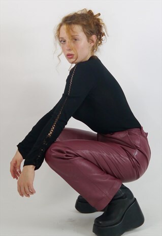 VINTAGE 80S/90S RED BURGUNDY LEATHER HIGH WAISTED TROUSERS