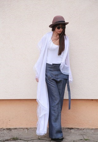 WHITE LOOSE ASYMMETRICAL CARDIGAN TRENCH COAT F1547