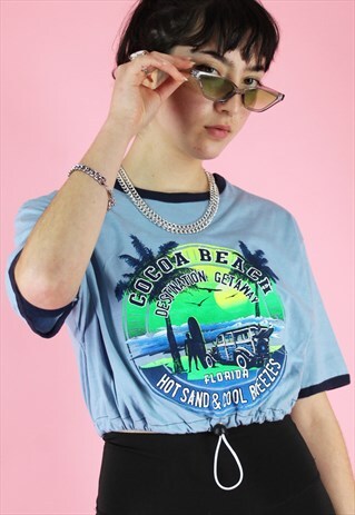 REWORKED CROP TOP IN BLUE WITH COCOA BEACH PRINT