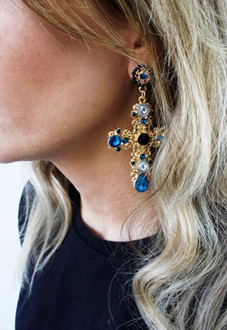 BIG BLUE STONE GOLD CROSS DANGLE DROP EARRINGS